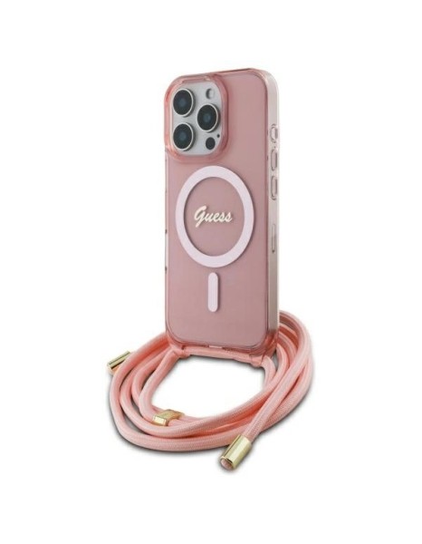 Guess Crossbody Cord Script MagSafe Case for iPhone 16 Pro - Pink