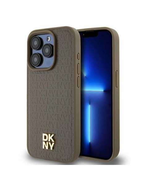 DKNY Leather Pattern Metal Logo MagSafe Case for iPhone 15 Pro Max - Brown