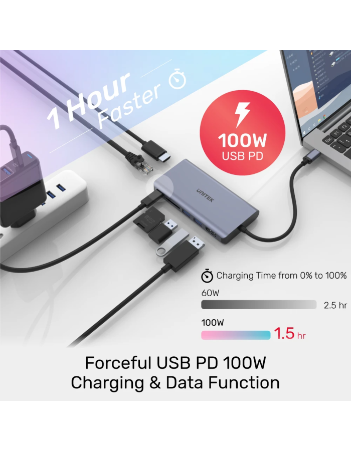 Unitek D1056A Type-C 3.1 HDMI/DP/RJ45/SD/PD100W Hub Space Grey Unitek D1056A Type-C 3.1 HDMI/DP/RJ45/SD/PD100W Hub Space Grey