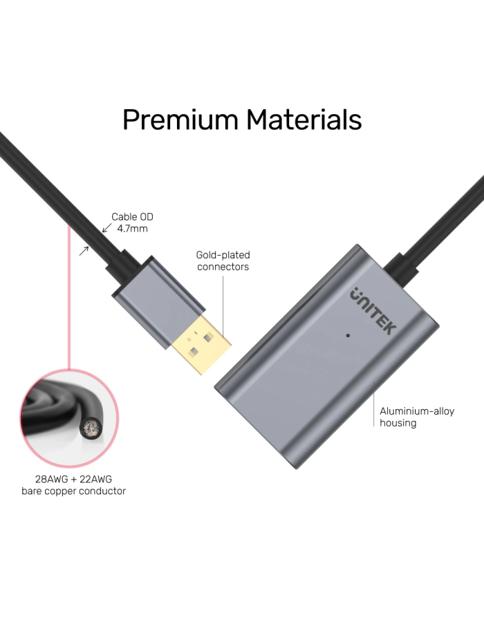 Unitek Y-274 USB2.0 USB-A Male to USB-A Female Active Extension Cable 20m