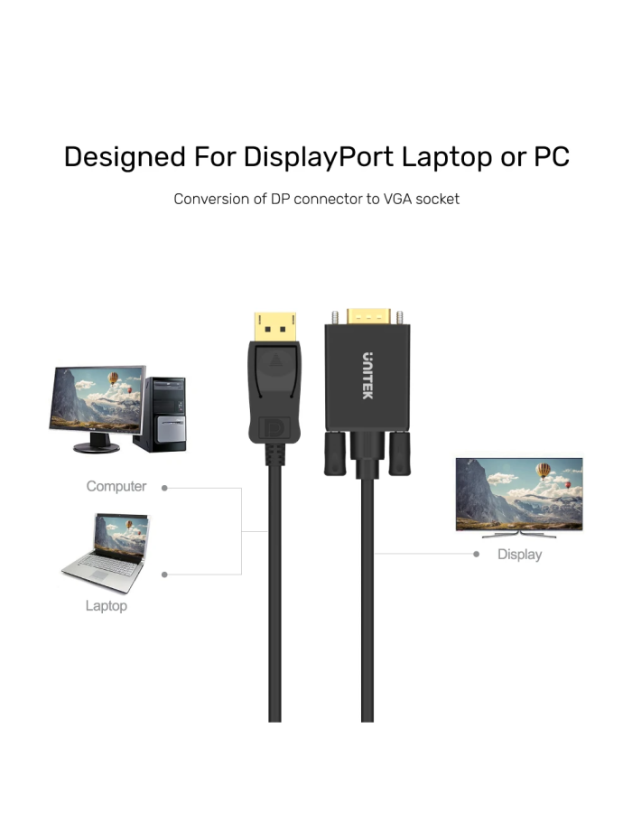 Unitek Y-5118F DisplayPort to VGA Cable 1.8m Black/Gold Plated Unitek Y-5118F DisplayPort to VGA Cable 1.8m Black/Gold Plated