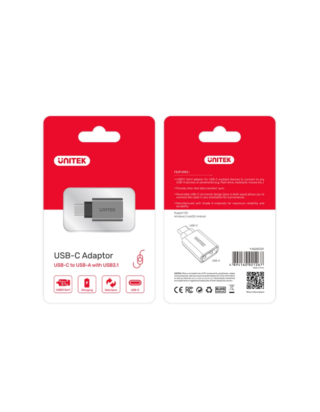 Unitek USB-A Female to USB-C Male 5Gbps Adaptor Grey Y-A025CGY