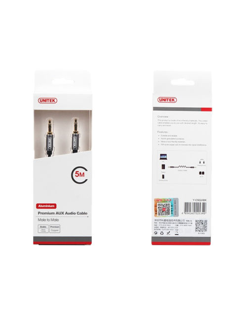 Unitek Y-C930ABK 3.5mm to 3.5mm Audio Cable 5.0m Gold Plated Black/Grey