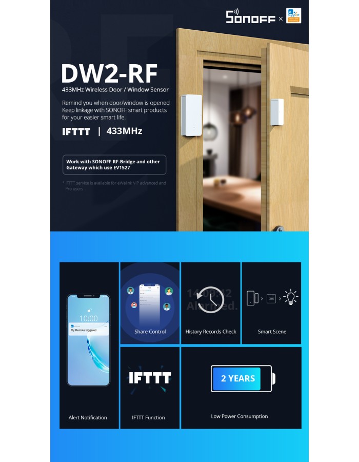 Sonoff DW2 RF Door & Window Alarm Sensor Sonoff DW2 RF Door & Window Alarm Sensor