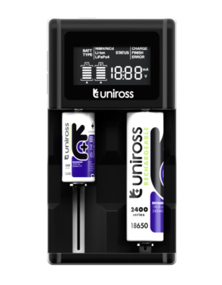 Uniross UCX004 Smart Charger for NiMH and Lithium Batteries (USB & 12V Powered) with LCD Display Uniross UCX004 Smart Charger for NiMH and Lithium Batteries (USB & 12V Powered) with LCD Display
