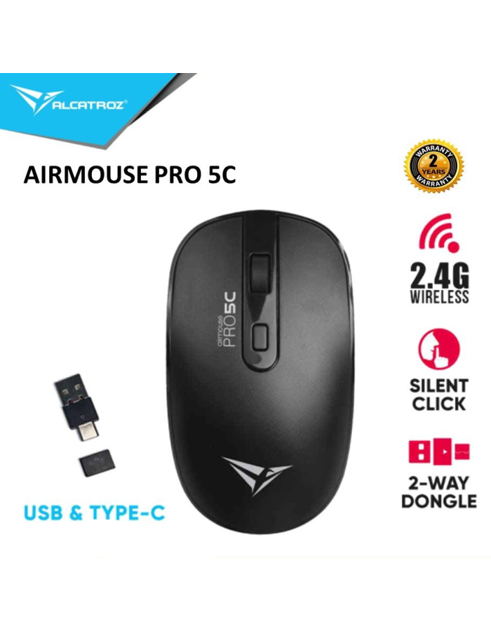 Alcatroz Airmouse Pro 5C Wireless Silent Mouse USB-A & USB-C dongle Black Alcatroz Airmouse Pro 5C Wireless Silent Mouse USB-A & USB-C dongle Black