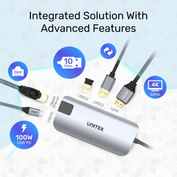 Unitek D1028A Type-C Hub 2x USB3.2 HDMI/Gb/PD100W Unitek D1028A Type-C Hub 2x USB3.2 HDMI/Gb/PD100W