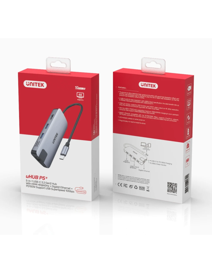 Unitek D1028A Type-C Hub 2x USB3.2 HDMI/Gb/PD100W Unitek D1028A Type-C Hub 2x USB3.2 HDMI/Gb/PD100W