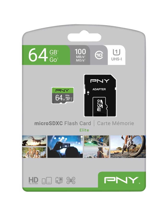PNY Flash Memory MicroSD Card Elite with SD Adapter 64GB Class 10 UHS-I U1