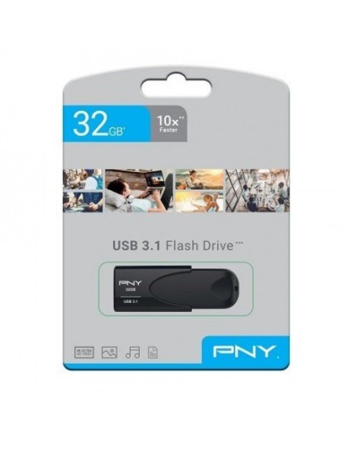 PNY Flash Drive Attache 4 USB 3.1 Stick 32GB Capless Slider Black FD32GATT431KK