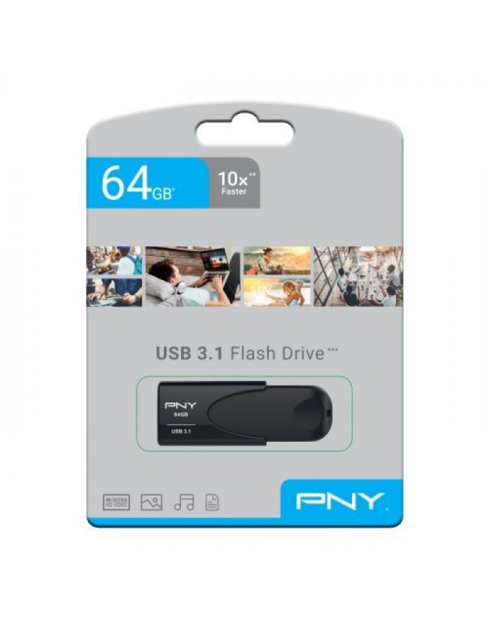 PNY Flash Drive Attache 4 USB 3.1 Stick 64GB Capless Slider Black FD64GATT431KK