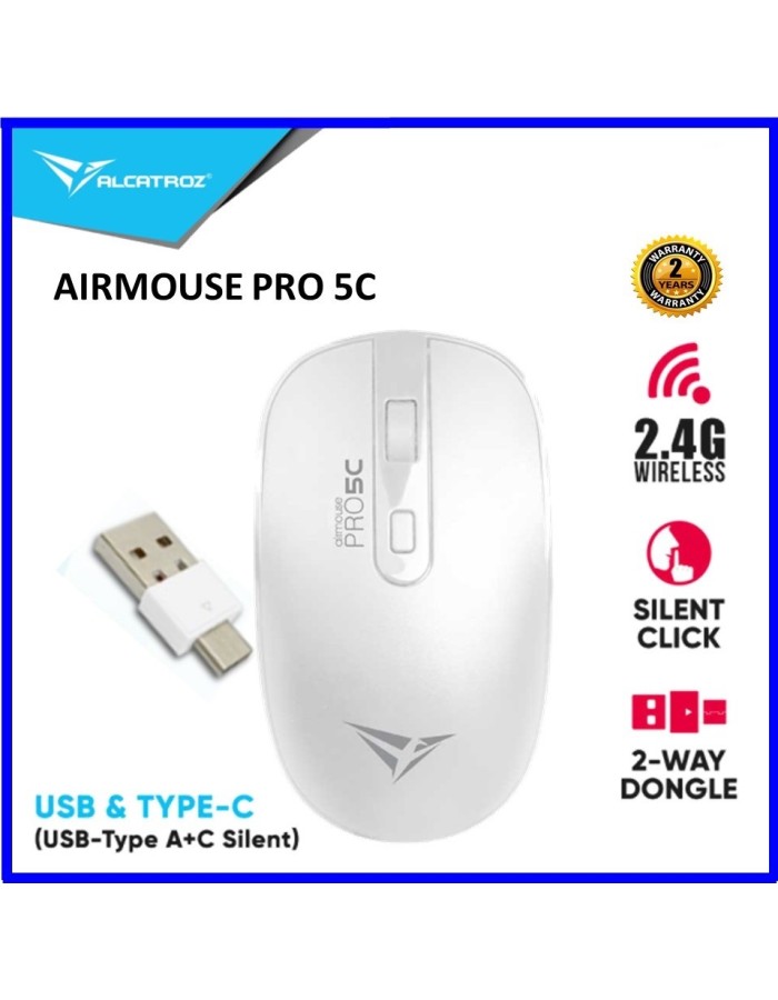Alcatroz Airmouse Pro 5C Wireless Silent Mouse USB-A & USB-C dongle White
