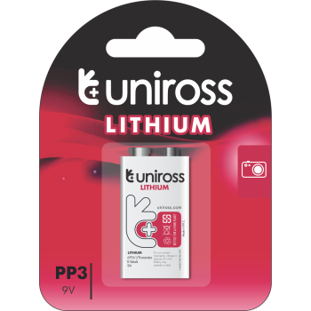 Uniross Lithium 9V Battery (PP3,6AM6,6LR61,6LF22,MN1604) Uniross Lithium 9V Battery (PP3,6AM6,6LR61,6LF22,MN1604)