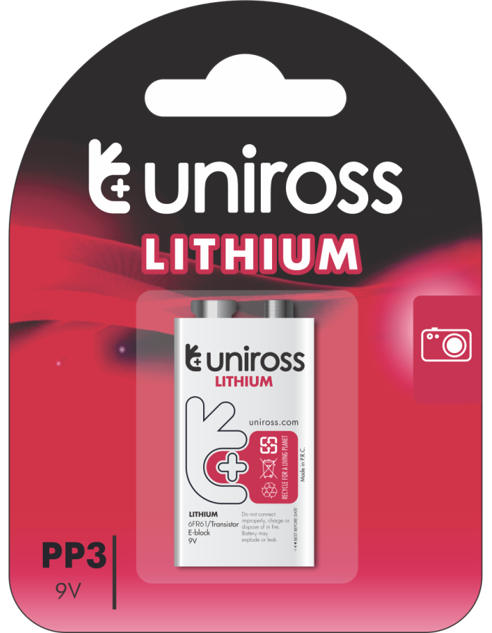 Uniross Lithium 9V Battery (PP3,6AM6,6LR61,6LF22,MN1604) Uniross Lithium 9V Battery (PP3,6AM6,6LR61,6LF22,MN1604)