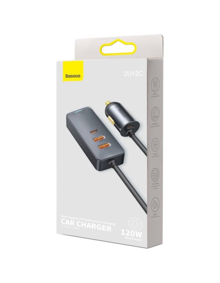 Baseus CCBT-A0G Multi Port USBA+USBC Car Charger with Extension Cord Baseus CCBT-A0G Multi Port USBA+USBC Car Charger with Extension Cord