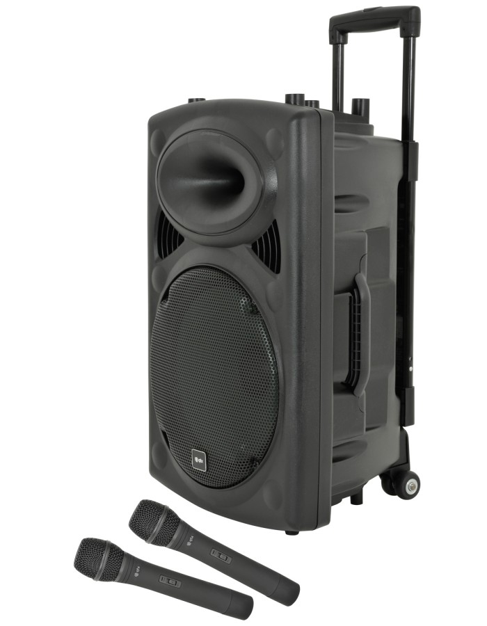 QTX QR12PA 12'' Professional Portable Karaoke & PA Speaker with 2x Wireless Microphones, Bluetooth USB & FM 178.847UK