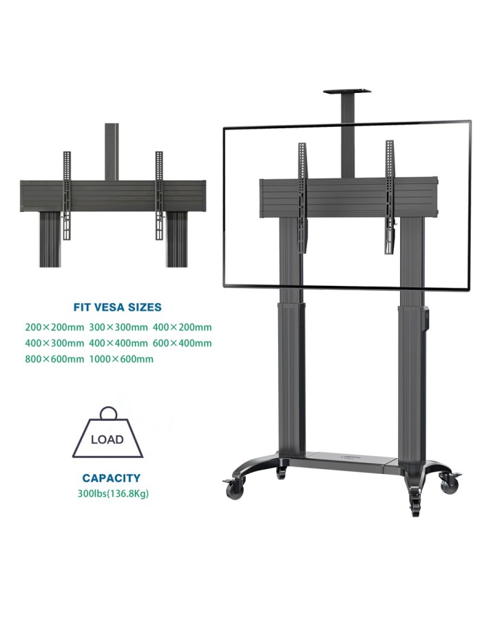 NBMounts TW100 Heavy Duty Motorized TV Trolley Supports up to 110'' & 136Kg Max Height 1.7m