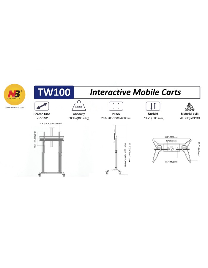 NBMounts TW100 Heavy Duty Motorized TV Trolley Supports up to 110'' & 136Kg Max Height 1.7m