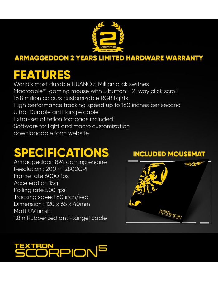 Armaggeddon Scorpion 5 Pro-Gaming Mouse with Free Mousepad Armaggeddon Scorpion 5 Pro-Gaming Mouse with Free Mousepad