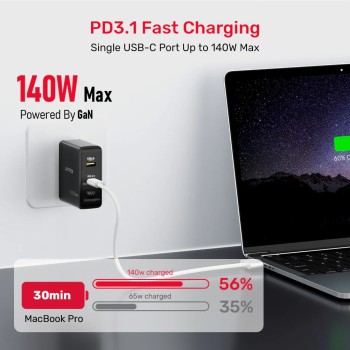 Unitek P1115A 140W GaN Charger 2xUSB-C 1xUSB-A Max 140W Charging Power Unitek P1115A 140W GaN Charger 2xUSB-C 1xUSB-A Max 140W Charging Power
