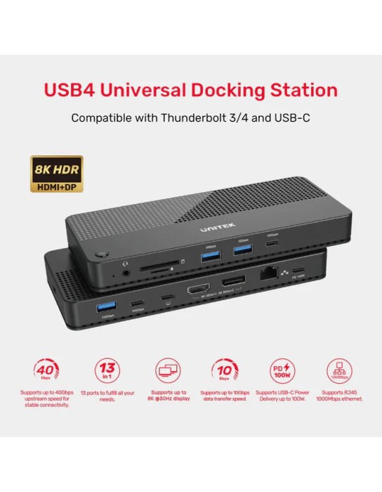 Unitek USB-C Hub USB4 MST HDMI/DP/Gb/SD/Audio/PD100W D1079A Unitek USB-C Hub USB4 MST HDMI/DP/Gb/SD/Audio/PD100W D1079A