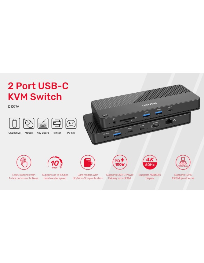 Unitek USB-C Hub USB3.2 KVM HDMI/Gb/SD/Audio/PD100W D1077A
