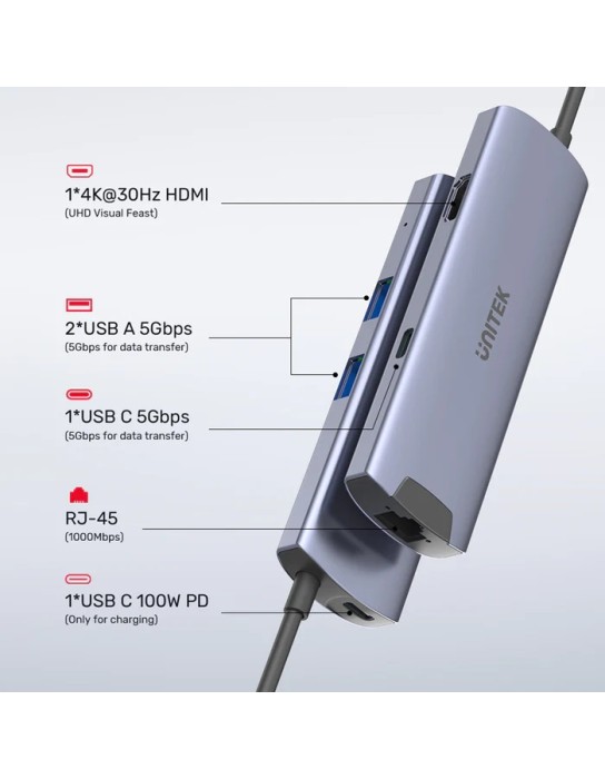 Unitek USB-C Hub USB3.0 HDMI/GB/PD100W H1112F Unitek USB-C Hub USB3.0 HDMI/GB/PD100W H1112F