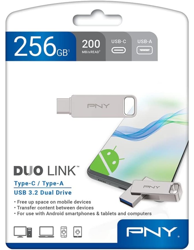 PNY Flash Drive Duo Link USB 3.2 Dual Connector OTG Capless Swivel 256GB Black FDI256DULINKTYC