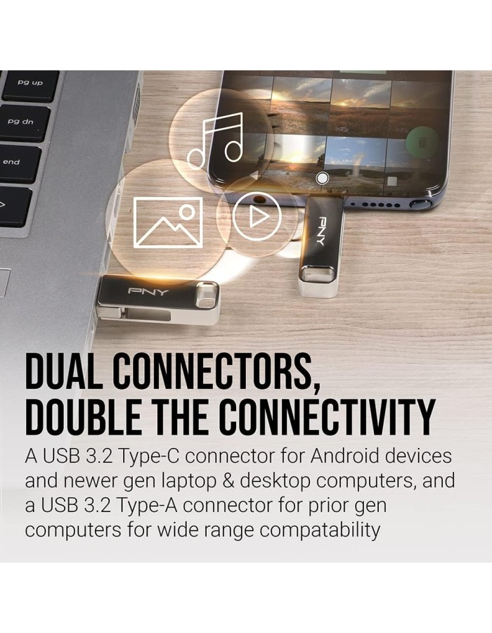 PNY Flash Drive Duo Link USB 3.2 Dual Connector OTG Capless Swivel 256GB Black FDI256DULINKTYC