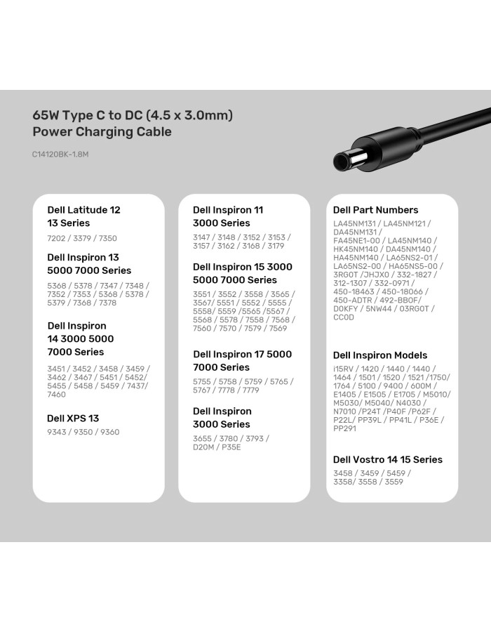 Unitek UCL USB-C to DC Cable 1.8m 65W for Dell 4.5*3.0mm C14120BK