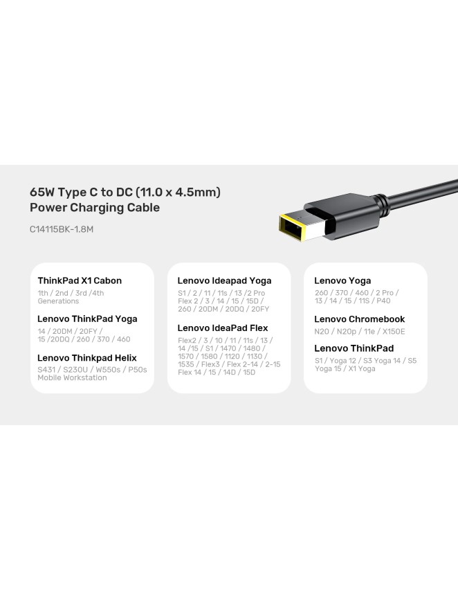 Unitek UCL USB-C to DC Cable 1.8m 65W for Lenovo 11x4.5mm C14115BK Unitek UCL USB-C to DC Cable 1.8m 65W for Lenovo 11x4.5mm C14115BK