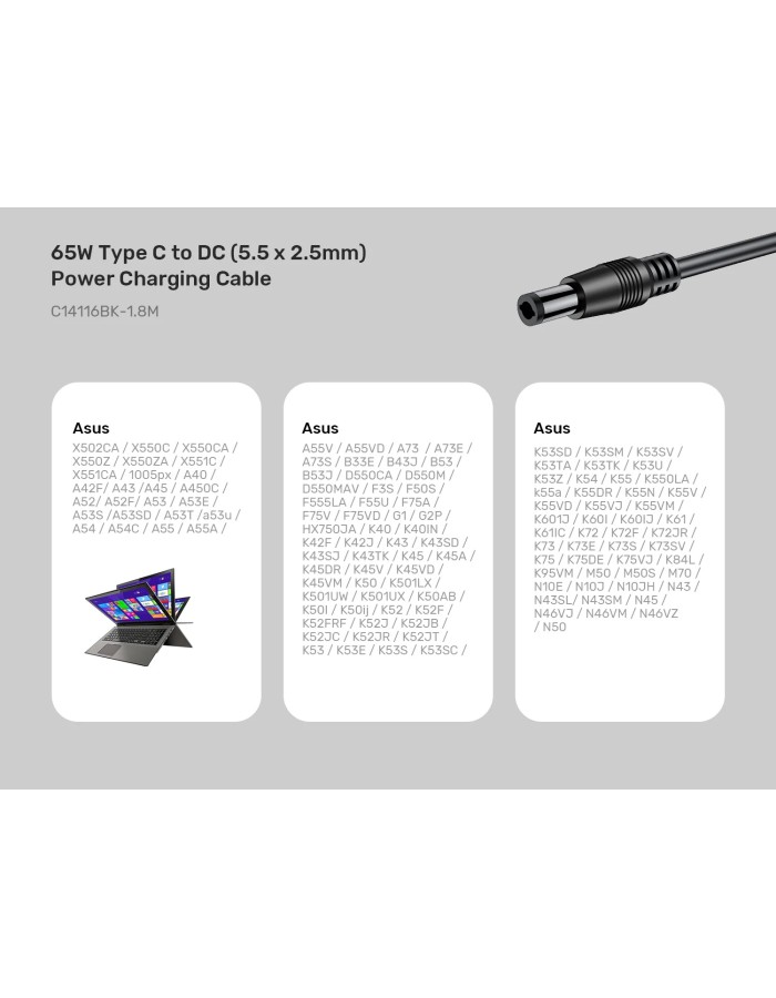 Unitek USB-C to DC Cable 1.8m 65W for Toshiba-Asus 5.5x2.5mm C14116BK Unitek USB-C to DC Cable 1.8m 65W for Toshiba-Asus 5.5x2.5mm C14116BK