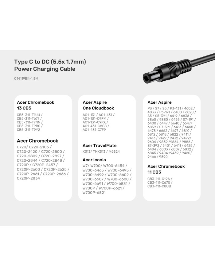 Unitek UCL USB-C to DC Cable 1.8m 65W for Acer 5.5*1.7mm C14119BK Unitek UCL USB-C to DC Cable 1.8m 65W for Acer 5.5*1.7mm C14119BK