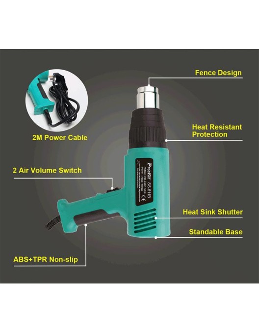 Proskit SS-611B Hot Air Gun 1500W Dual Temperature, Ceramic Heater & Double Insulated with Carry Case
