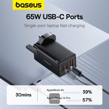 Baseus Charger Wall 65W USB-Cx2/USB-A UK+100W USB-C Cable Black Baseus Charger Wall 65W USB-Cx2/USB-A UK+100W USB-C Cable Black