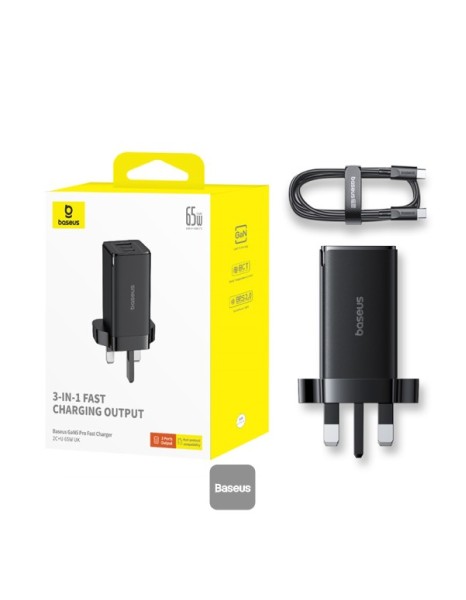 Baseus Charger Wall 65W USB-Cx2/USB-A UK+100W USB-C Cable Black Baseus Charger Wall 65W USB-Cx2/USB-A UK+100W USB-C Cable Black