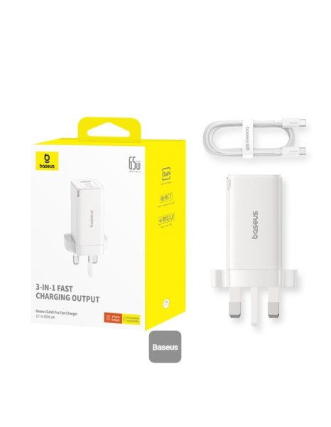Baseus Charger Wall 65W USB-Cx2/USB-A UK+100W USB-C Cable White Baseus Charger Wall 65W USB-Cx2/USB-A UK+100W USB-C Cable White