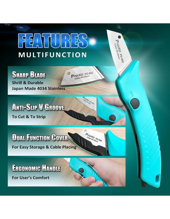 Proskit PD-992 Super Sharp Electricians Knife Anti Slip & Ergonomic with Dual Function Cover