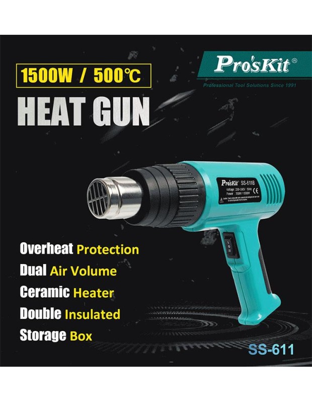Proskit SS-611B Hot Air Gun 1500W Dual Temperature, Ceramic Heater & Double Insulated with Carry Case