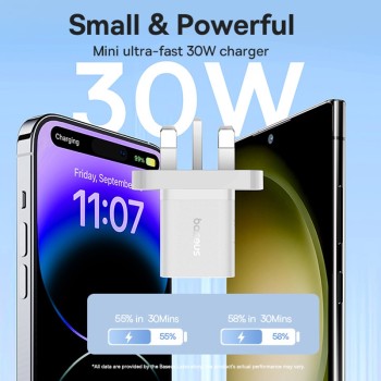 Baseus Charger Wall 30W USB-C UK MINI GaN5 White Baseus Charger Wall 30W USB-C UK MINI GaN5 White