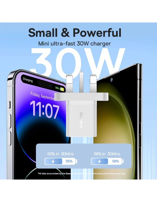 Baseus Charger Wall 30W USB-C UK MINI GaN5 White Baseus Charger Wall 30W USB-C UK MINI GaN5 White