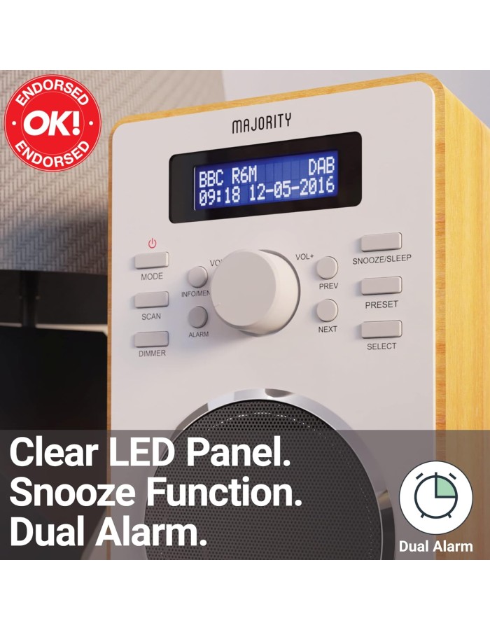 Majority BARTON FM/DAB Radio with Dual Alarm & LED Display (Walnut) Majority BARTON FM/DAB Radio with Dual Alarm & LED Display (Walnut)