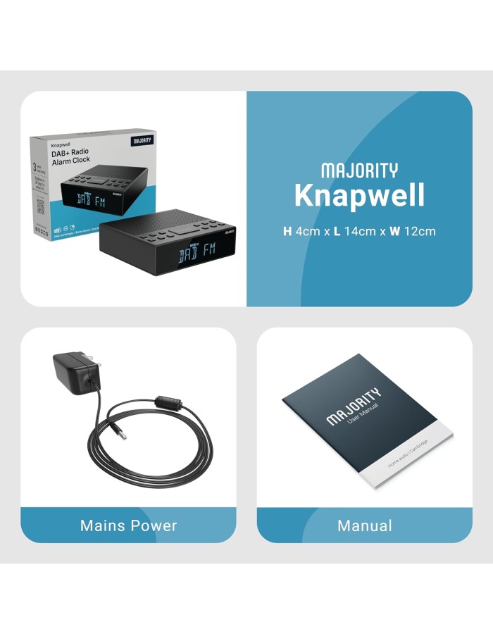 Majority KNAPWELL Bedside FM/DAB Radio Clock with Dual Alarm Bluetooth & USB Phone Charging Majority KNAPWELL Bedside FM/DAB Radio Clock with Dual Alarm Bluetooth & USB Phone Charging