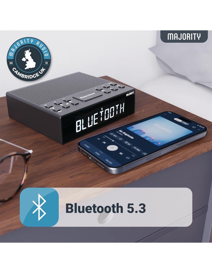 Majority KNAPWELL Bedside FM/DAB Radio Clock with Dual Alarm Bluetooth & USB Phone Charging Majority KNAPWELL Bedside FM/DAB Radio Clock with Dual Alarm Bluetooth & USB Phone Charging