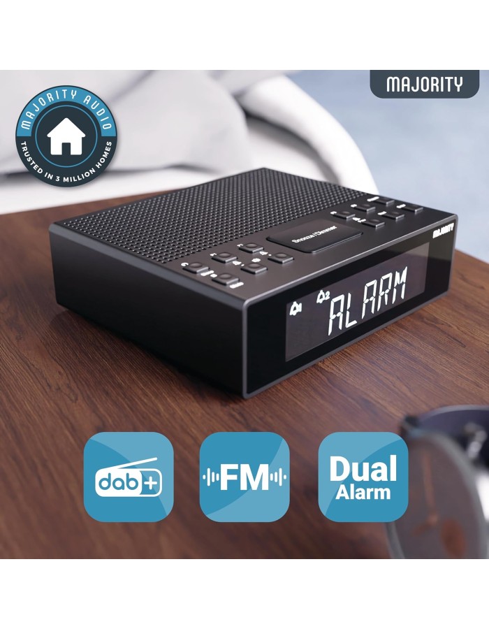 Majority KNAPWELL Bedside FM/DAB Radio Clock with Dual Alarm Bluetooth & USB Phone Charging Majority KNAPWELL Bedside FM/DAB Radio Clock with Dual Alarm Bluetooth & USB Phone Charging