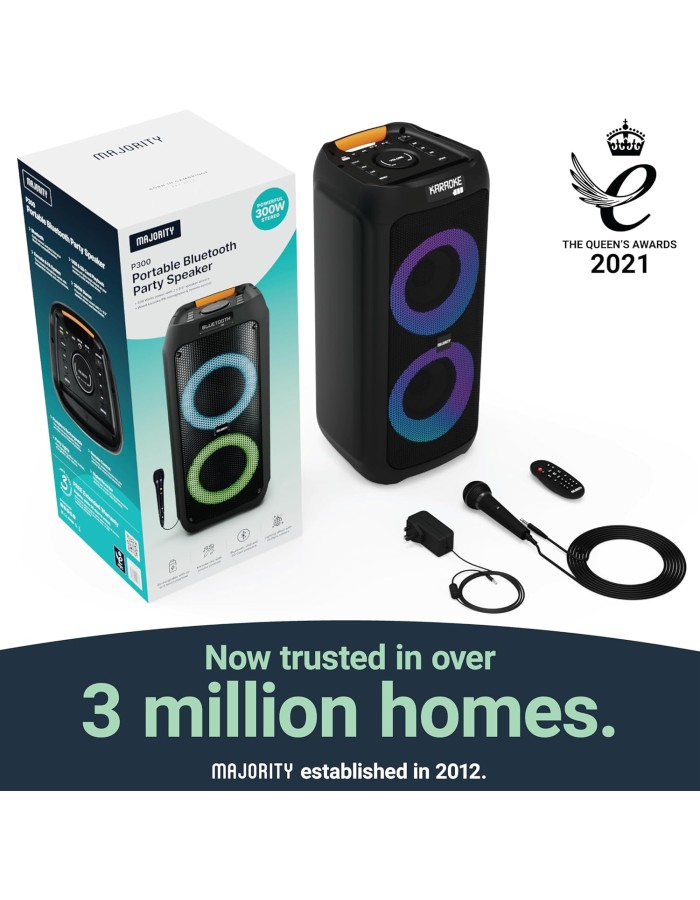Majority P300 Portable Karaoke Speaker 300W Bluetooth USB FM Wired Mic Majority P300 Portable Karaoke Speaker 300W Bluetooth USB FM Wired Mic