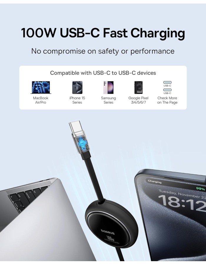 Baseus Cable USB-C to USB-C Free2Draw Retractable Cable 100W 1m Black Baseus Cable USB-C to USB-C Free2Draw Retractable Cable 100W 1m Black