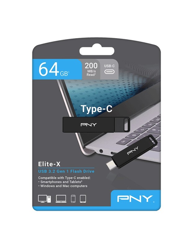 PNY Flash Drive Elite-X USB 3.2 Stick 64GB Capless Slider Black FDI64GELTXC