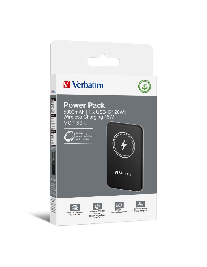 Verbatim Wireless Magnetic Slim Powerbank Qi2 15W 5000mAh Black Verbatim Wireless Magnetic Slim Powerbank Qi2 15W 5000mAh Black