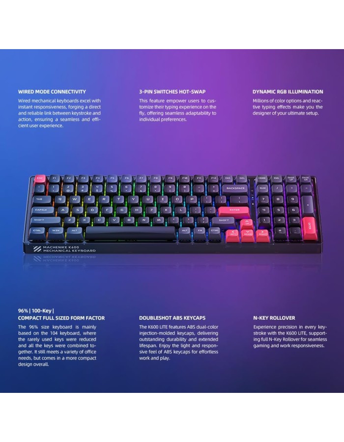 Machenike K600-B100 LITE Mechanical Gaming Keyboard 104 Red Switch Keys